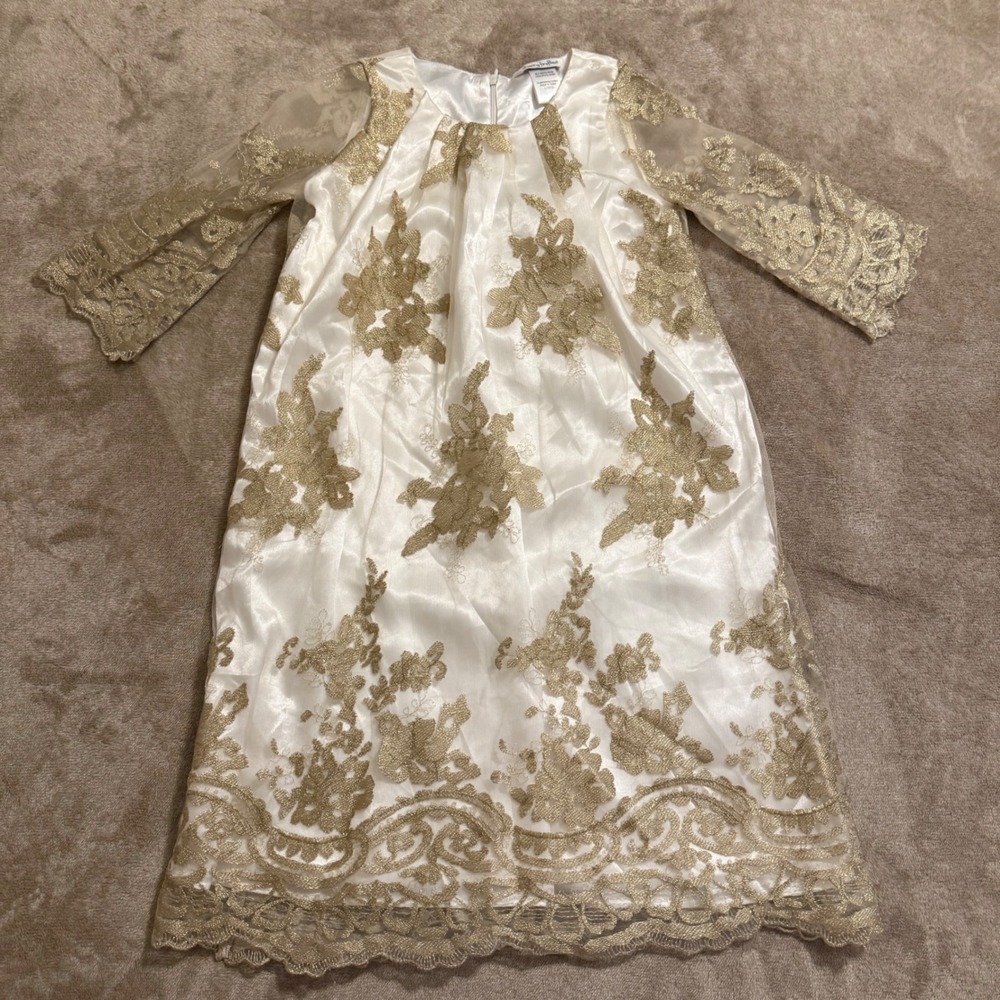 Chasing Fireflies Girls Gold Ivory Floral Embroidered Lace Formal Dress 10/12